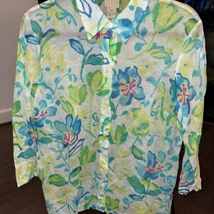 Sigrid Olsen Blue and Green Floral Blouse